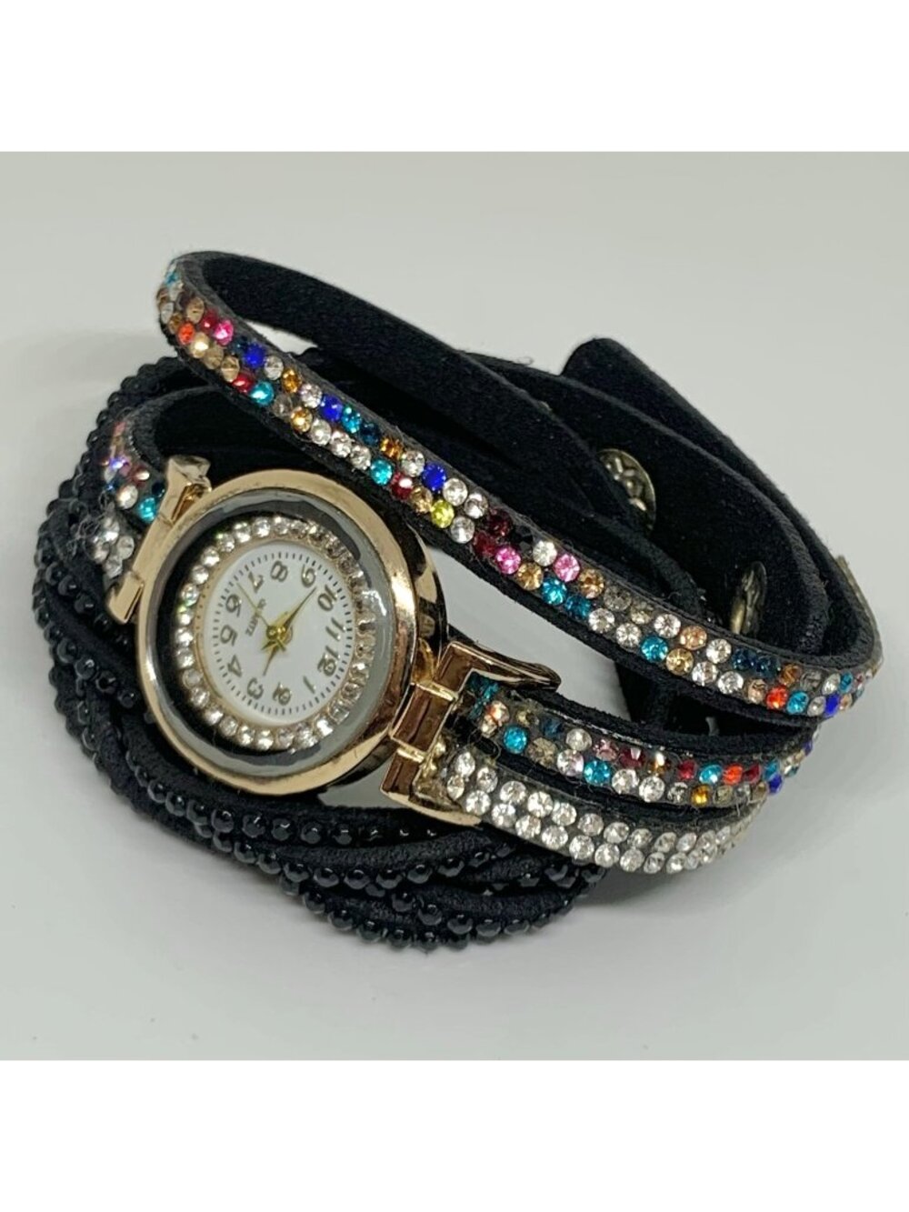 Women’s double wrap watch gold tone 26mm round case quartz black leather running